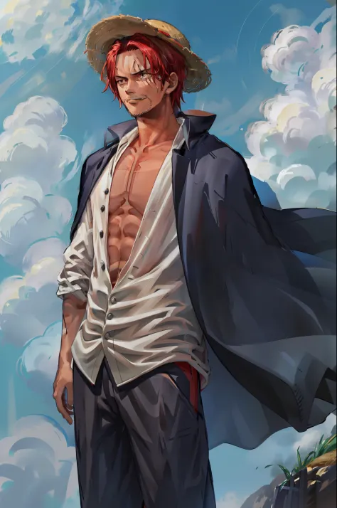 (masterpiece, best quality),  intricate details,
 1boy, man, red hair, straw hat, shnks, shanks \(one piece\),  scar on face, sh...