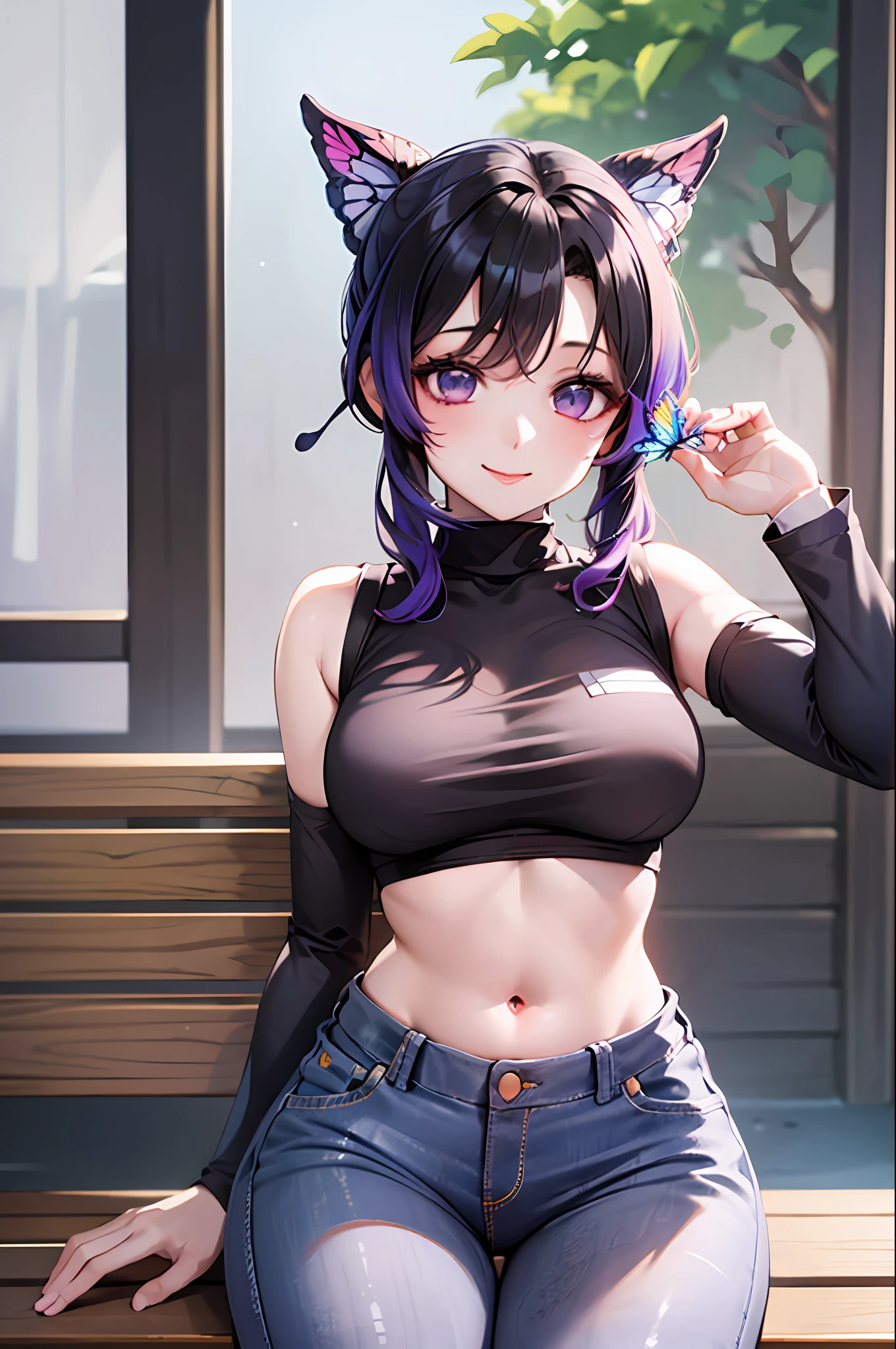 Masterpiece, Best Quality, hight resolution, 1girl, 独奏, Kochou Shinobu, Decorating your hair with a butterfly, violet eyes, multi-colored hair, Short hair, Parted bangs, Jeans, crop-top, turtleneck top, bellybutton, sitting, bench, exteriors, Smile, Erotica