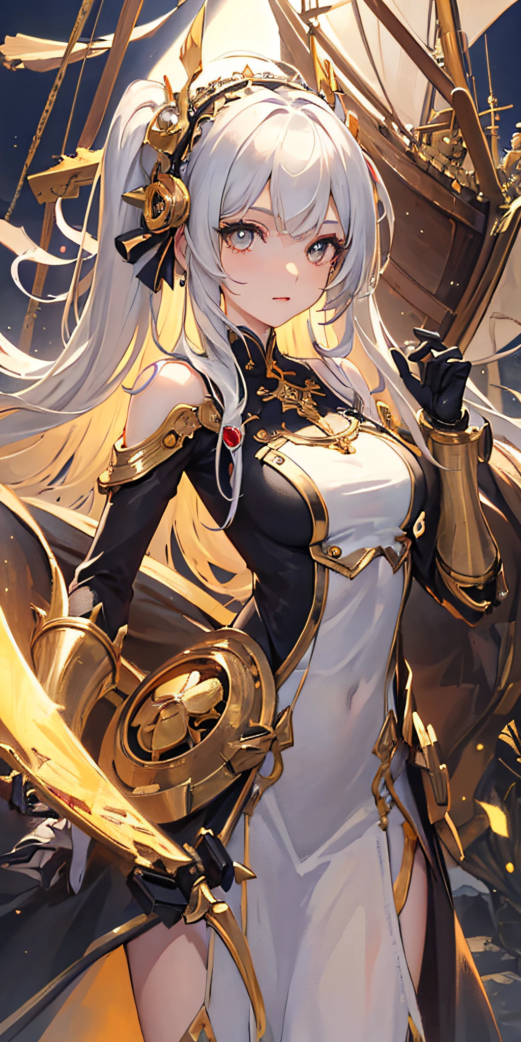 1girll, ((Masterpiece:1.4, Best quality)),((Masterpiece, Best quality)),Cute girl,Loli, gold eyes,Mechanical skin, Mechanical ,Joints,Ship Maiden,Beautiful absolutely detailed dress,Colored,Exquisite headdress