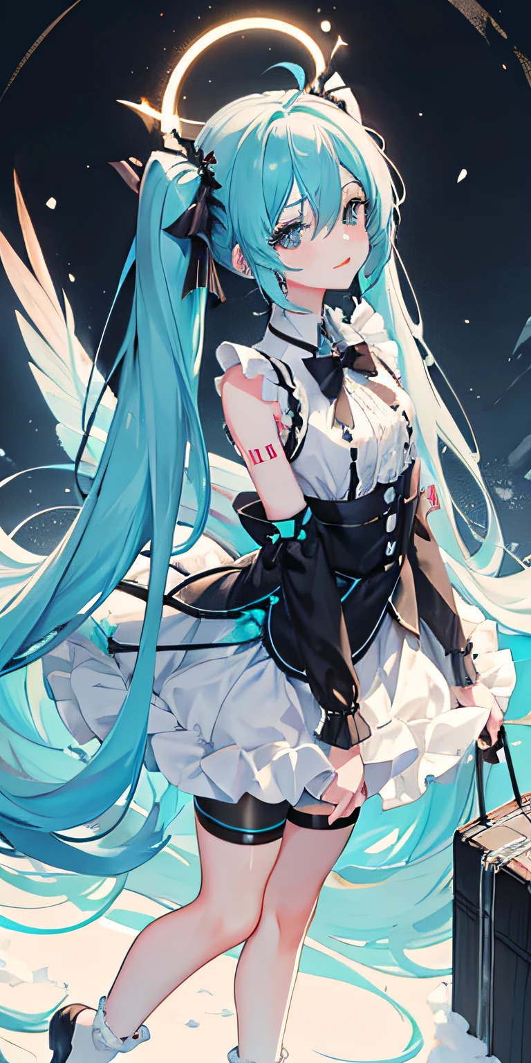 demon tail，butterflys，coda，bug，1girl，long whitr hair，Beautiful dress，Wristbands，footwear，hatsune miku，The shirt，choker，Black legwear，aqua hair，bike shorts，独奏，blue butterflies，double tails，Black choker，bangle，full bodyesbian，Black ribbon，Extra-long hair，Tail decoration，jewely，Black bow，hair between eye，ahoge，heavy snowy，耳Nipple Ring，snow mountains，Tail bow，standing on your feet，ssmile，delicate leg，clavicle，cropped shoulders，is shy，ribbon，Long gray hair，aqua eyes，Gradient Color，Delicate bow，White knee-length socks，looking at viewert。