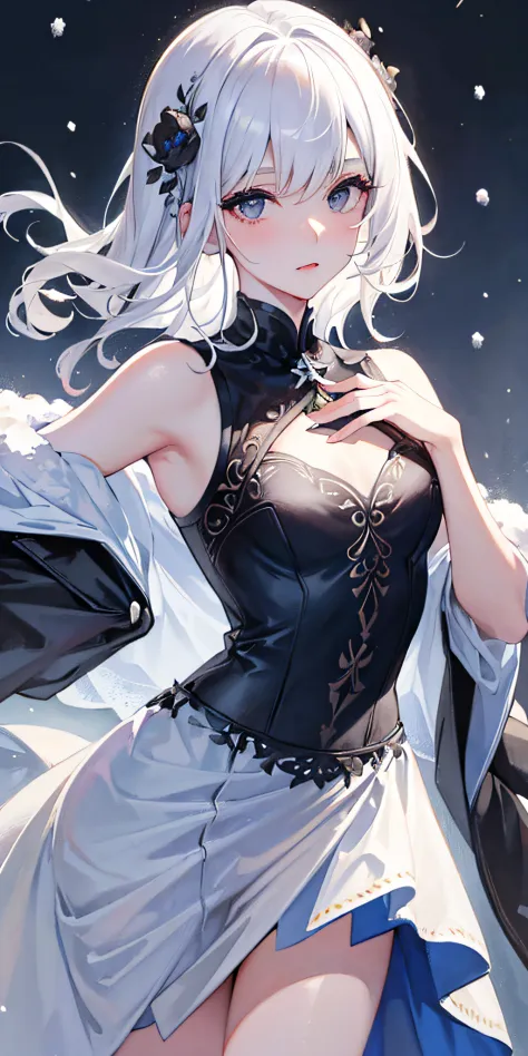 Masterpiece, White hair, aquarelle, (Lady), Medium hair, Good shape, tmasterpiece, Best quality, Detailed clothes, (Beautiful absolutely detailed dress, a pregirl), 1girll, Detailed face, 8K wallpaper, An extremely meticulous and beautiful girl, 美丽细致的眼睛, S...