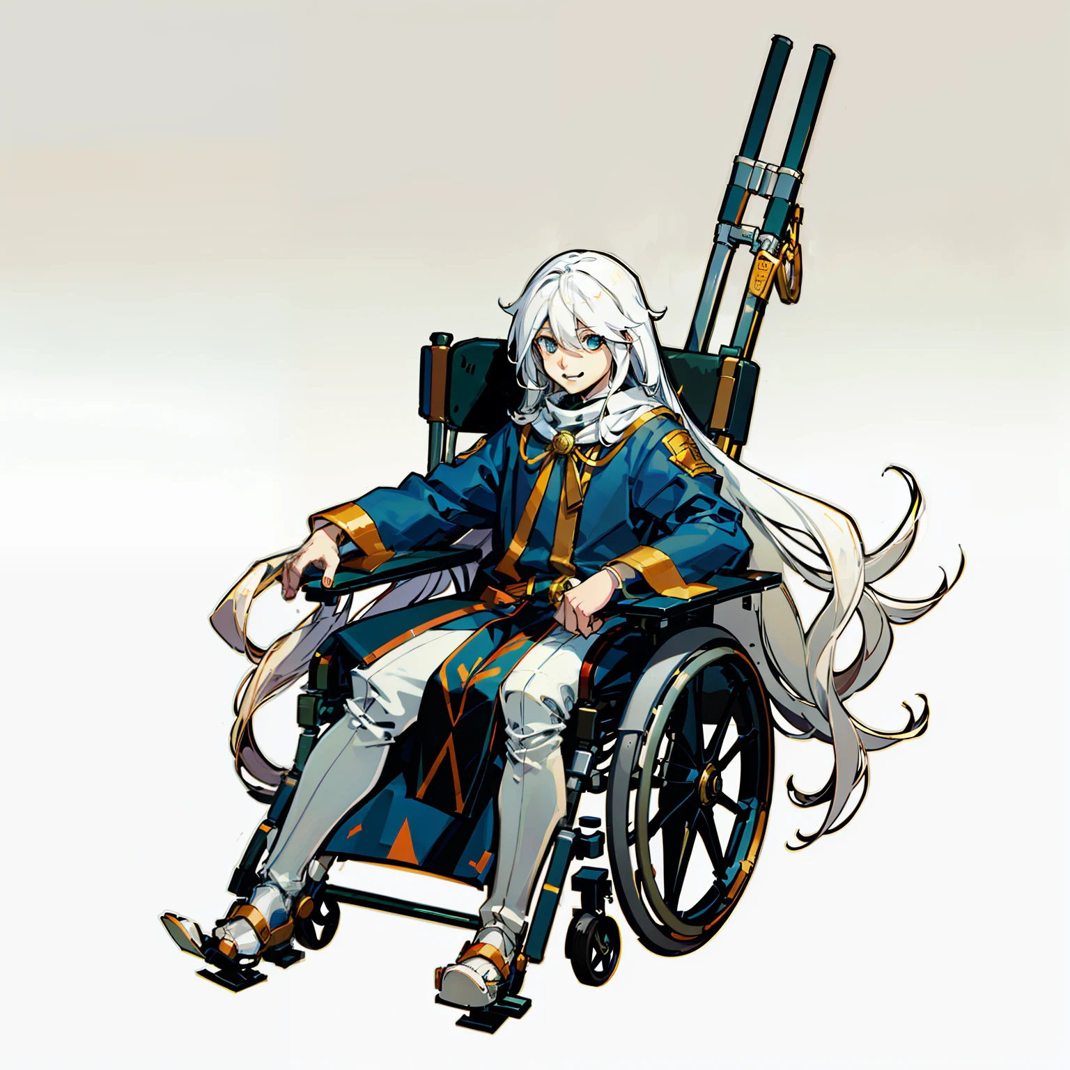 Kid, Very long hair, Smiling, Sitting in a wheelchair, Full body shot, No background, White background, lame, Have a doll, White and gold, god, open thin,