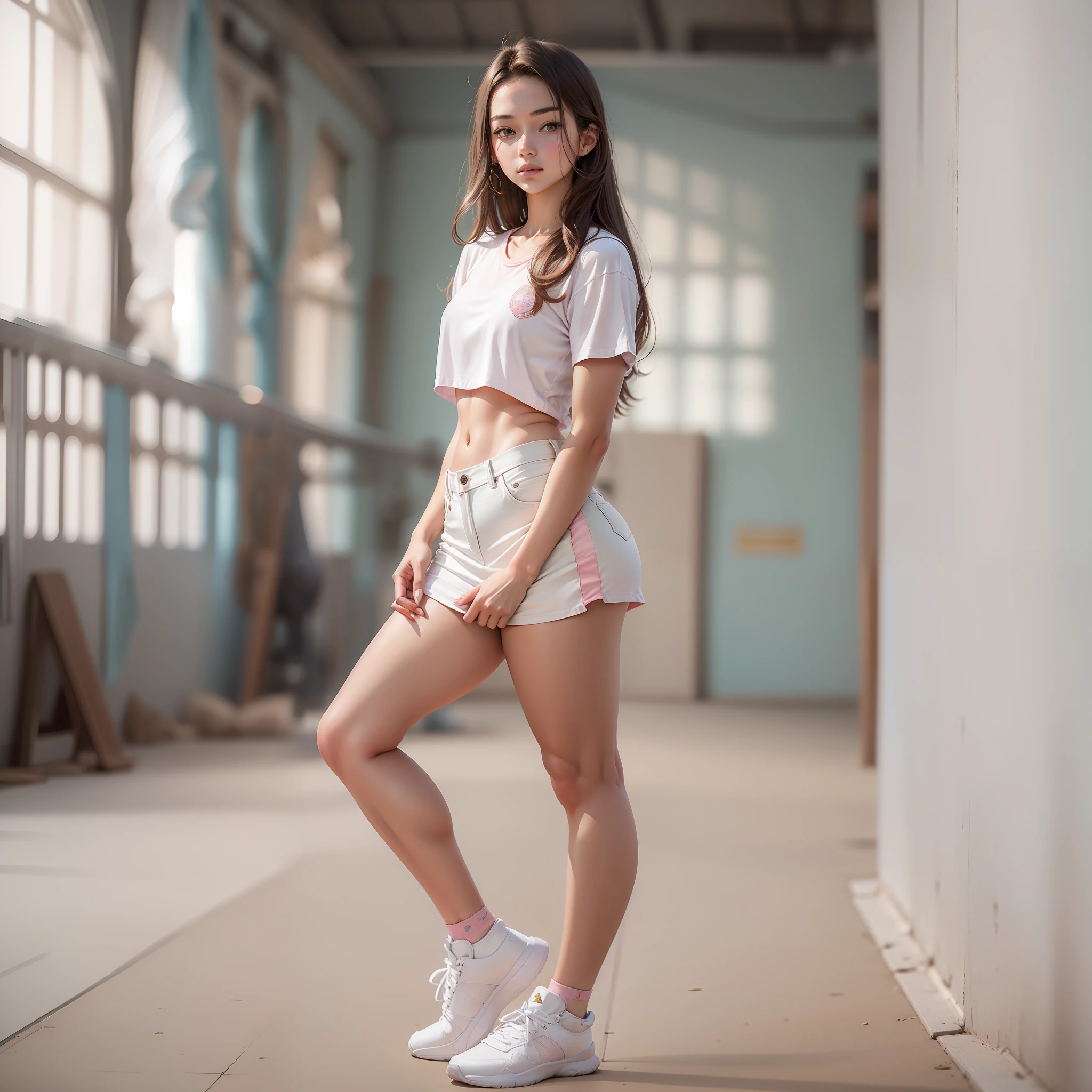 "Exquisite quality, full-length portrait, graceful countenance, 18-year-old young woman, slender physique, petite bust, cropped white T-shirt, pastel pink denim skirt cinched at the waist, dynamic gymnasium setting, poised stance."