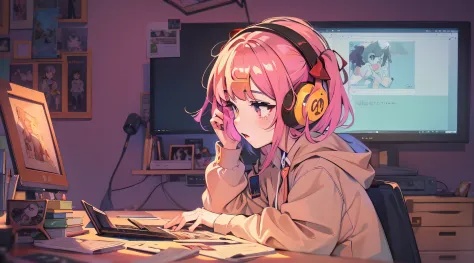 menino anime sentado em uma mesa com fones de ouvido e um laptop, livros ao lado, menina lofi, digital anime illustration, retra...