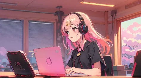 Menina anime sentada em uma mesa com fones de ouvido e um laptop, menina lofi, Digital anime illustration, Retrato Lofi, estilo ...