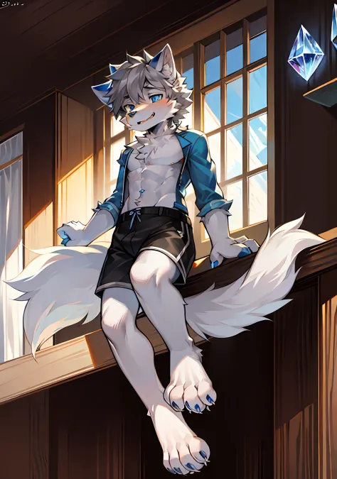 （tmasterpiece：1.2），（anatomy correct：1.1），（high qulity：1.5），（（（solo male anthropomorphic）））Furry_Transformation Wolf Flsona，1 Wolf Boy，White fur，crystal blue eyes，（Celestial nose），White claws，White feet，canine hands，（Details dog feet：1.2），Black beans，Detail...