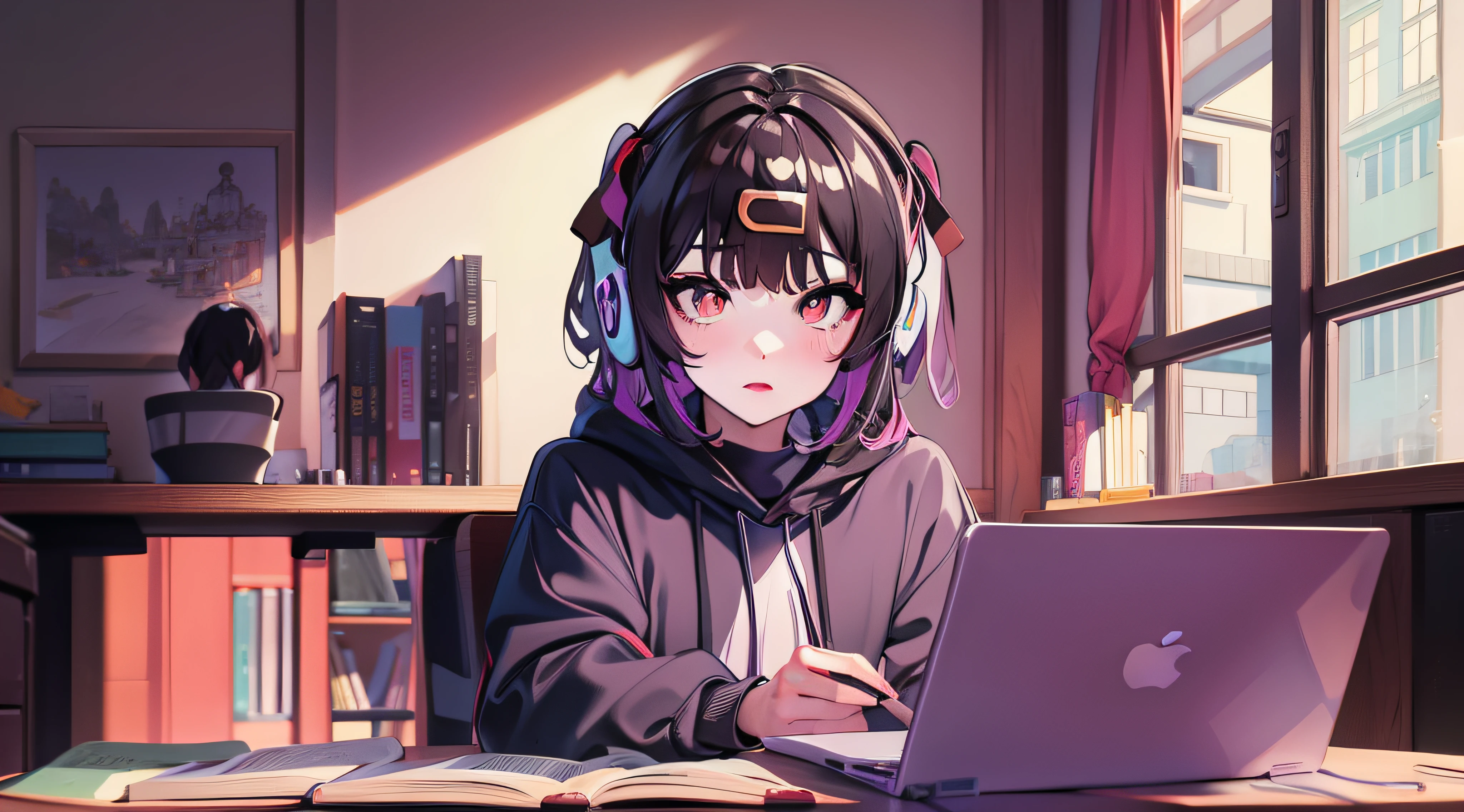  anime assis à une table avec des écouteurs et un ordinateur portable, livres ao lado,  louer, Illustration numérique d’anime, Portrait de Lofi, style animé 4K, style artistique anime moe, Style artistique d&#39;Elogio, style animé. 8k, style animé moderno, art animé numérique, Ilya Kouvshinov. 4 mille, art animé de haute qualité, Arte Lofi, étude, livres