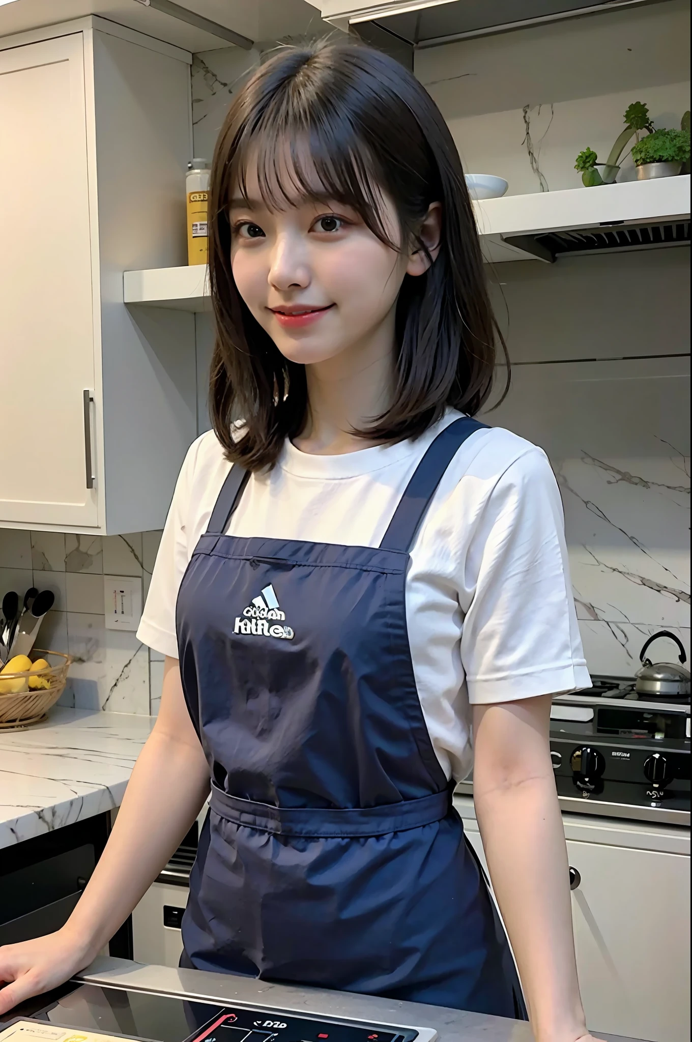 a woman is cooking、(kitchin_Apron:1.Wear 3)、Good Hand、4K、hight resolution、​masterpiece、top-quality、Cap:1.3、((Hasselblad photo))、Fine skin、foco nítido、(lighting like a movie)、Soft lighting、dynamic ungle、[:(详细的脸:1.2):0.2]、Medium chest、sweats streamed skin:1.2、(((In the kitchen))) A smile　Beautiful profile　Colossal tits　Beautiful body　Her hair is neatly tied