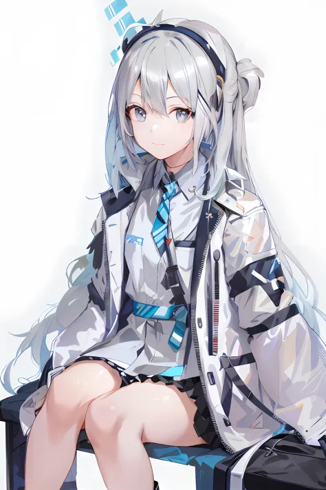 Anime girl sitting in chair，Wear a blue tie and headphones, style of anime4 K, From Arknights, Silver hair girl, Girl silver hai...