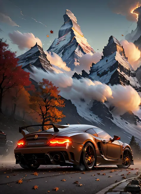 art by greg rutkowski and artgerm, luxurious, wood, falling leaves, intricate, highly detailed evening cityscape of Matterhorn, cars, clockwork, slow motion, from behind, concept art illustration, thick volumetric clouds,