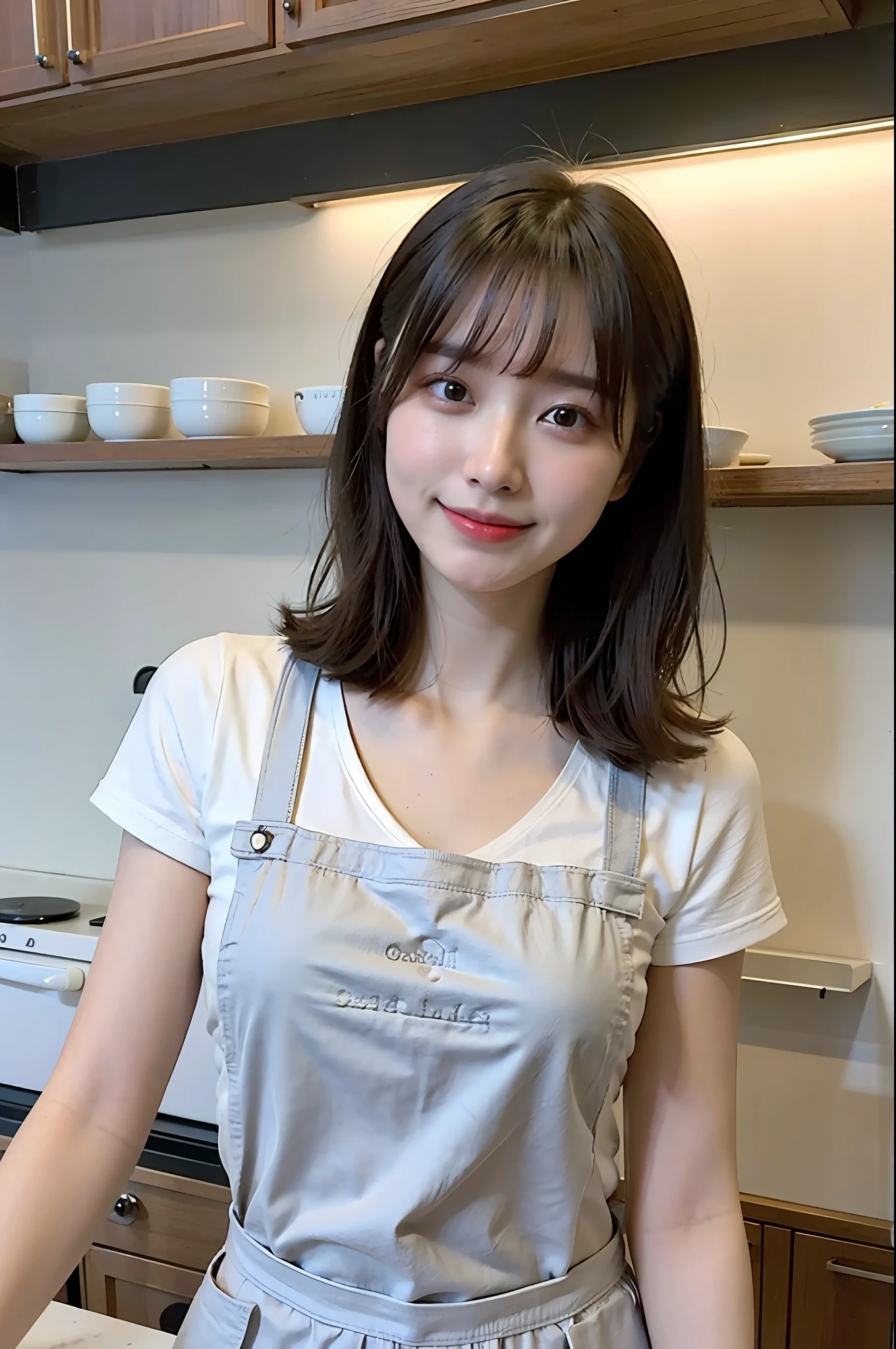 a woman is cooking、(kitchin_apron:1.Wear 3)、Good Hand、4K、hight resolution、​masterpiece、top-quality、cape:1.3、((Hasselblad photo))、Fine skin、sharp focus、(lighting like a movie)、Soft lighting、dynamic ungle、[:(Detailed face:1.2):0.2]、Medium chest、sweats streamed skin:1.2、(((In the kitchen))) A smile　Viewer's Perspective　Colossal tits　Beautiful body　Her hair is neatly tied