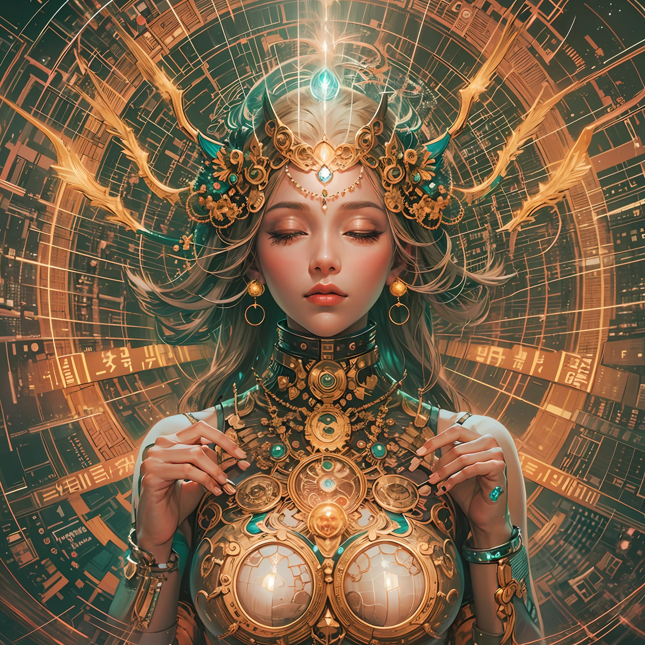 A Cybernetic Immortal Goddess Pixels Lighting Her Golden Form Palms