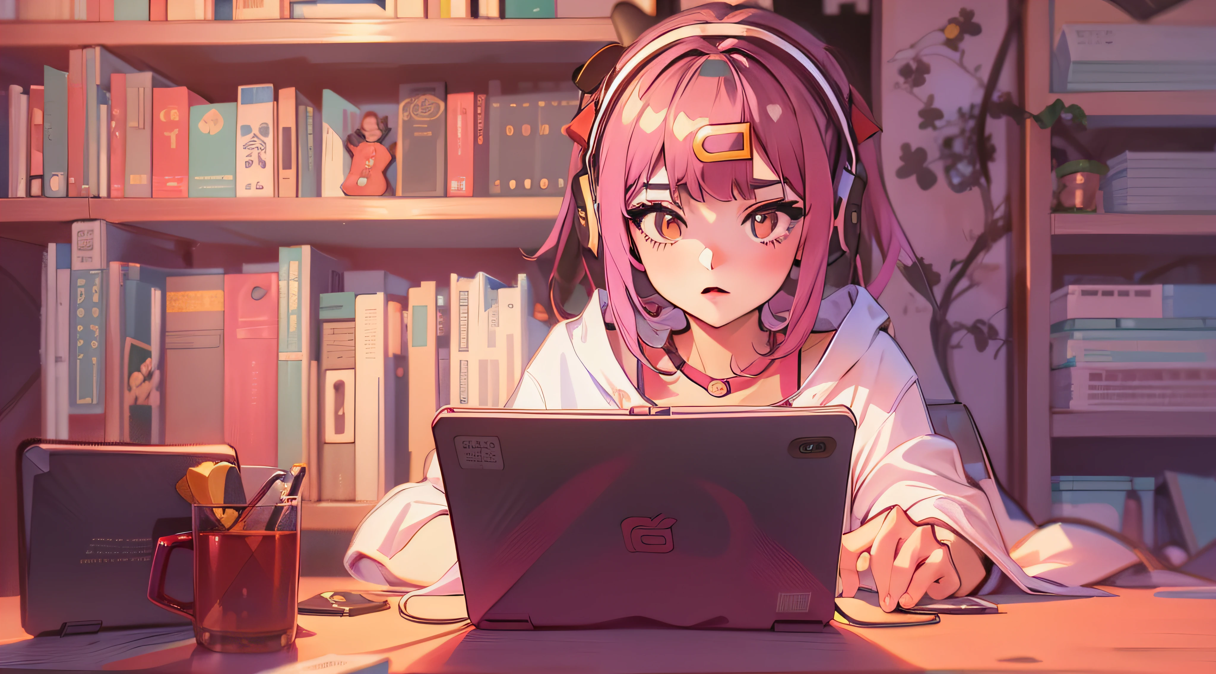 Menina anime sentada em uma mesa com fones de ouvido e um laptop, menina lofi, Digital anime illustration, Retrato Lofi, estilo anime 4K, anime moe artstyle, Elogio Artstyle, estilo anime. 8k, estilo anime moderno, arte de anime digital, Ilya Kuvshinov. 4 mil, arte anime de alta qualidade, Arte Lofi, estudo, livros