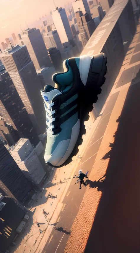 "(Absolute masterpiece), premier quality, an ultra-detailed CG wallpaper in 8K, depicting a futuristic scene where a pair of Axis Runner sneakers falls diagonally from the sky over New York City in 2050."