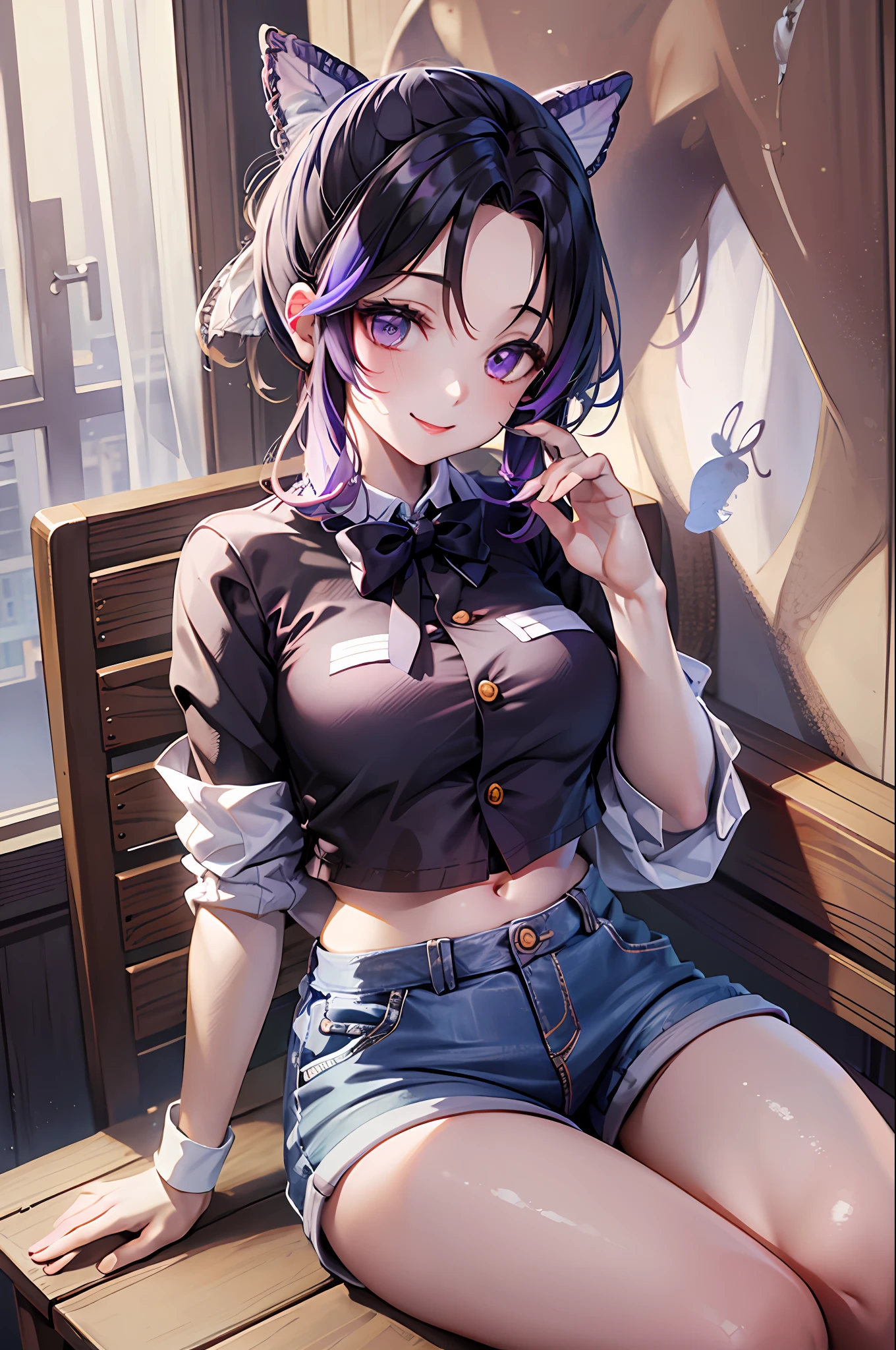 Masterpiece, Best Quality, hight resolution, 1girl, 独奏, Kochou Shinobu, Decorate your hair with a bow tie, violet eyes, multi-colored hair, Short hair, Parted bangs, Short shorts, spreading legs, wide thighs, crop-top, bellybutton, sitting, bench, Smile, Erotica