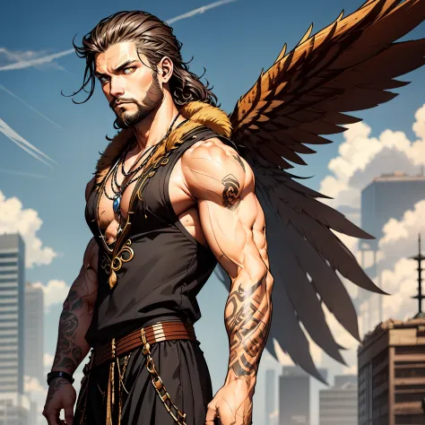 he is a tall and muscular man with dusty brown viking-style hair. his striking yellow cat eyes captivate attention. notably, he ...