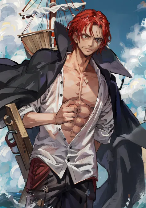 （tmasterpiece，best qualityer），intricately details，
 1 man，shanks， red hair，(one-armed)，dynamic poses and shots， scars in the fac...