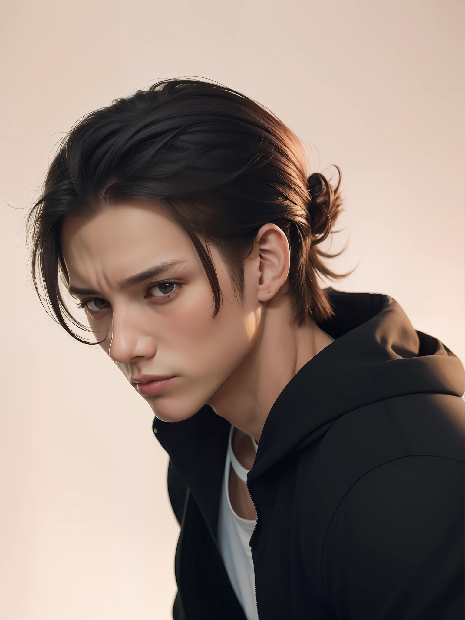 boy, Eren Yaegar, handsome men, black jacket, white t-shirt, black hair, beautiful eyes, realistic, ultra detail, 70mm lens,