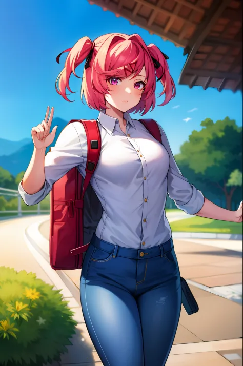 2d, masterpiece, best quality, anime, highly detailed, cowboy shot, 1girl, solo, natsuki, pink eyes, pink hair, medium hair, two side up, hair ribbon, hair ornament, white shirt, denim pants, travel backpack, park background, traveling