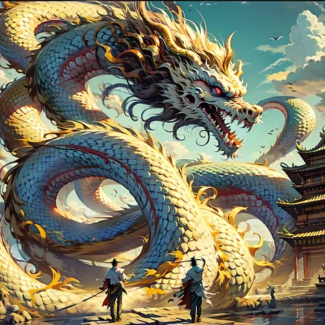 Best quality at best，tmasterpiece，超高分辨率，（The long：1.2），​​clouds，buliding，east asian architecture，red eyes，banya，with her mouth open，Skysky，Fang，a Oriental Dragons，mostly cloudy sky，A wizard stands on an ancient building casting spells，