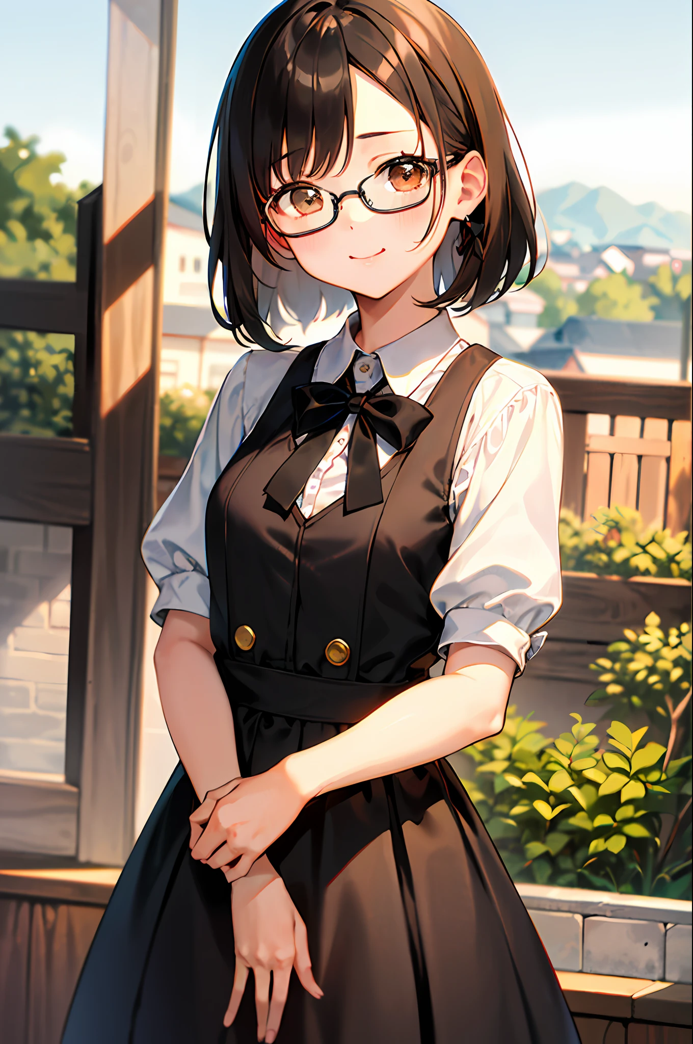 (1 1 girl、A dark-haired、short-hair、straight haired、bow ribbon、Light brown eyes、Black glasses、small 、cute  face)、farmhouse、farm、​masterpiece、top-quality