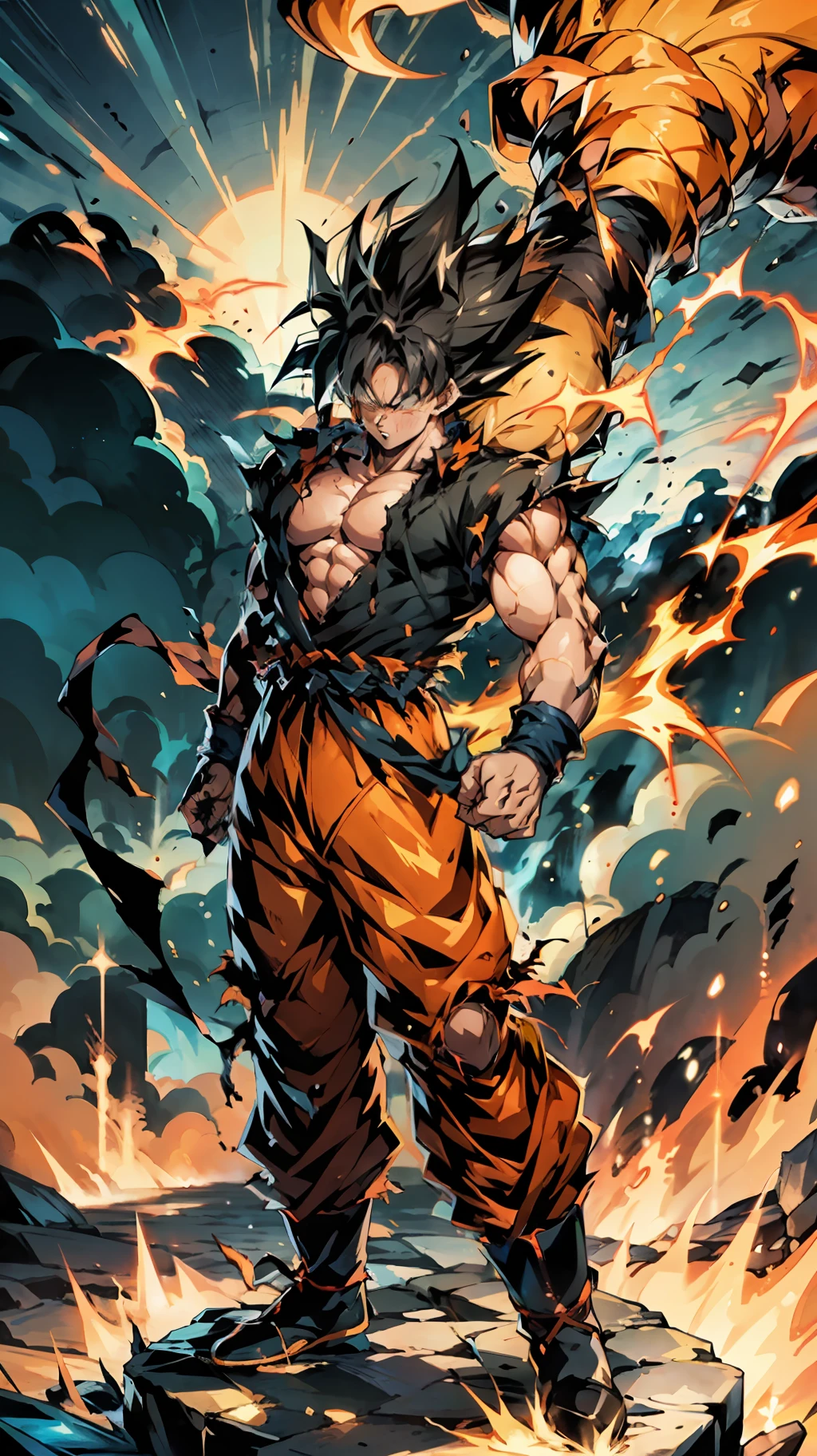 1male, solo, The Super Ice Saiyan unleashes huge energy waves that shatter the starry sky and generate huge shock waves. Standing on the ice dragon, the background is the rainstorm meteor universe. Energy waves are a mixture of orange tones with swirling patterns. (Ice Magic: 1.2), (Epic: 1.3), (Chaos Ingredients: 1.2), (Metal: 1.1), (Dark orange: 1.1), (Comic Book: 1.2), ((3D)), (((Actual))),