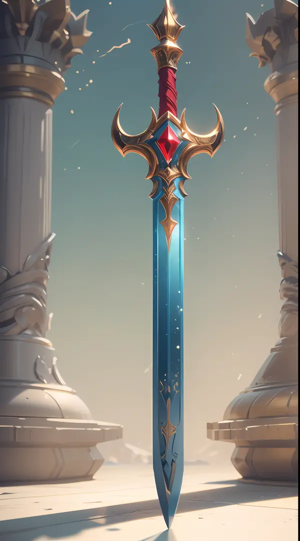 Excalibur，The body of the sword is wrapped in red and blue particle effects，Edge，Delicate sword hilt，Delicate sword body，（Symmetrical ornamentation：1.3），The tip of the dangling sword is downward，（Excalibur's whole body is centered：1.3），Mid-range close-up，d...