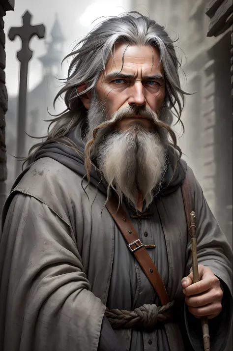 photo, old evil hermit, medieval, piercing_deep-set_eyes, wrinkled face, dark_stichted_cloak, (dramatic lighting:1.25), (shadowy background:1.2), (dirty_ unkempt_gray_hair:1.2), (long_shaggy_beard:1.3), (faded colors:1.1), (sharp focus:1.1), (shadows:1.2),...