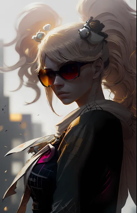 (dark shot:1.1), epic realistic, portrait of halo, sunglasses, blue eyes, tartan scarf, white hair by atey ghailan, by greg rutk...