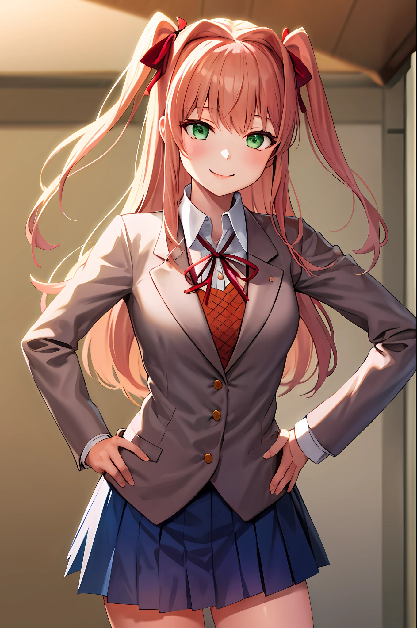 2d, masterpiece, best quality, anime, highly detailed, cowboy shot, 1girl, solo, green eyes, light-brown hair, long hair, two side up, white hair ribbon, hair ornament,brown blazer, white shirt, , blue skirt, long sleeves, red bow, black socks,  smiling, happy, monika, ddlc, school background, standing, hand on hip, leaning forward