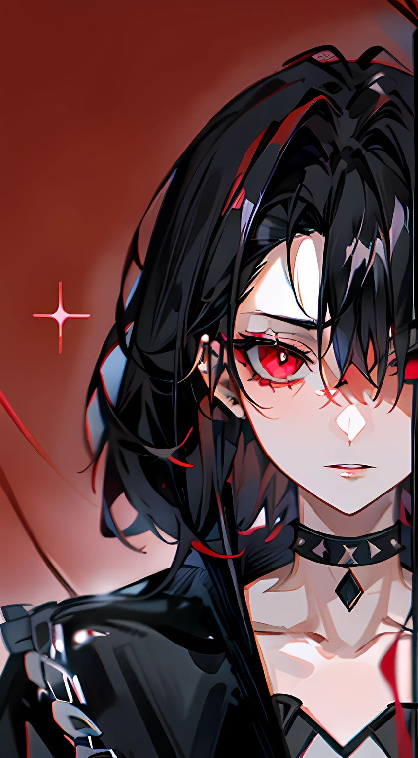 1boy, (Close up face, masutepiece, Best Quality:1.2), 8K, Official art, absurderes, Gothic, studded black leather jacket and choker, piercings, (smokey red eye shadow with glitter, glazed pinkish red lips:1.1), (very dark red background:1.4), nffsw, face lights, A hyper-realistic, hight resolution, Photography, Film grain, chromatic abberation, Sharp Focus, nffsw, face lights, Dynamic lighting, Cinematic lighting,  Delicate facial features, Detailed face and eyes, Sharp pupils, (Black hair:1.4)