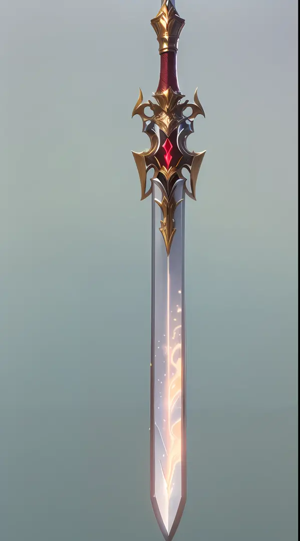 Excalibur，The body of the sword is wrapped in red and blue particle effects，Edge，Delicate sword hilt，Delicate sword body，（Symmetrical decoration：1.3），The tip of the dangling sword is downward，（Excalibur's entire body is centered：1.3），Mid-range close-up，dre...