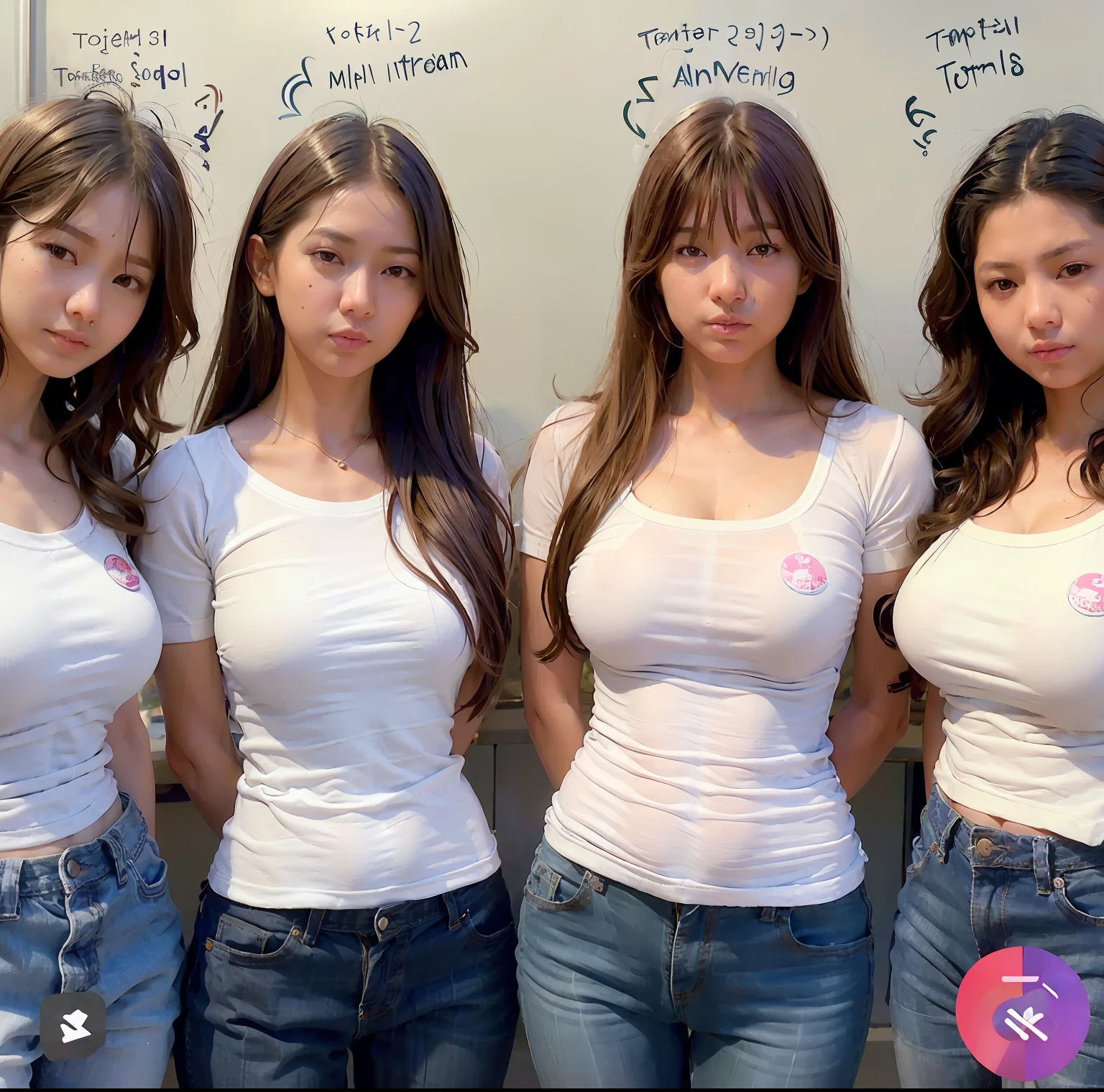 Three women in white shirts and jeans standing next to a white board -  SeaArt AI