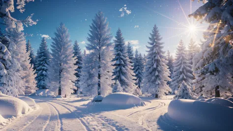 (extremely detailed CG unity 8k wallpaper, masterpiece, best quality, ultra-detailed), (best illumination, best shadow, an extremely delicate and beautiful), (realistic photo), (snow forest), (colorful), (dramatic lighting), (beautiful sunny day), (peacefu...