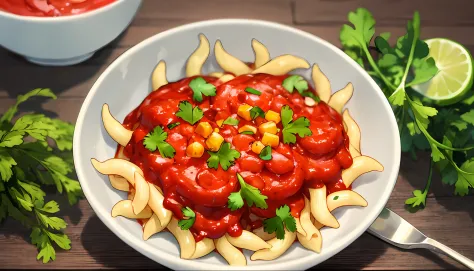 a pasta dish with red sauce and fresh herbs.