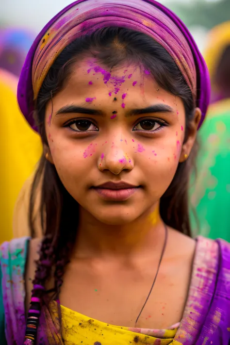 beautiful indian college girl,, perky medium sized tits, looking at viewer, holi color festival, portrait, hyper detailed, detai...