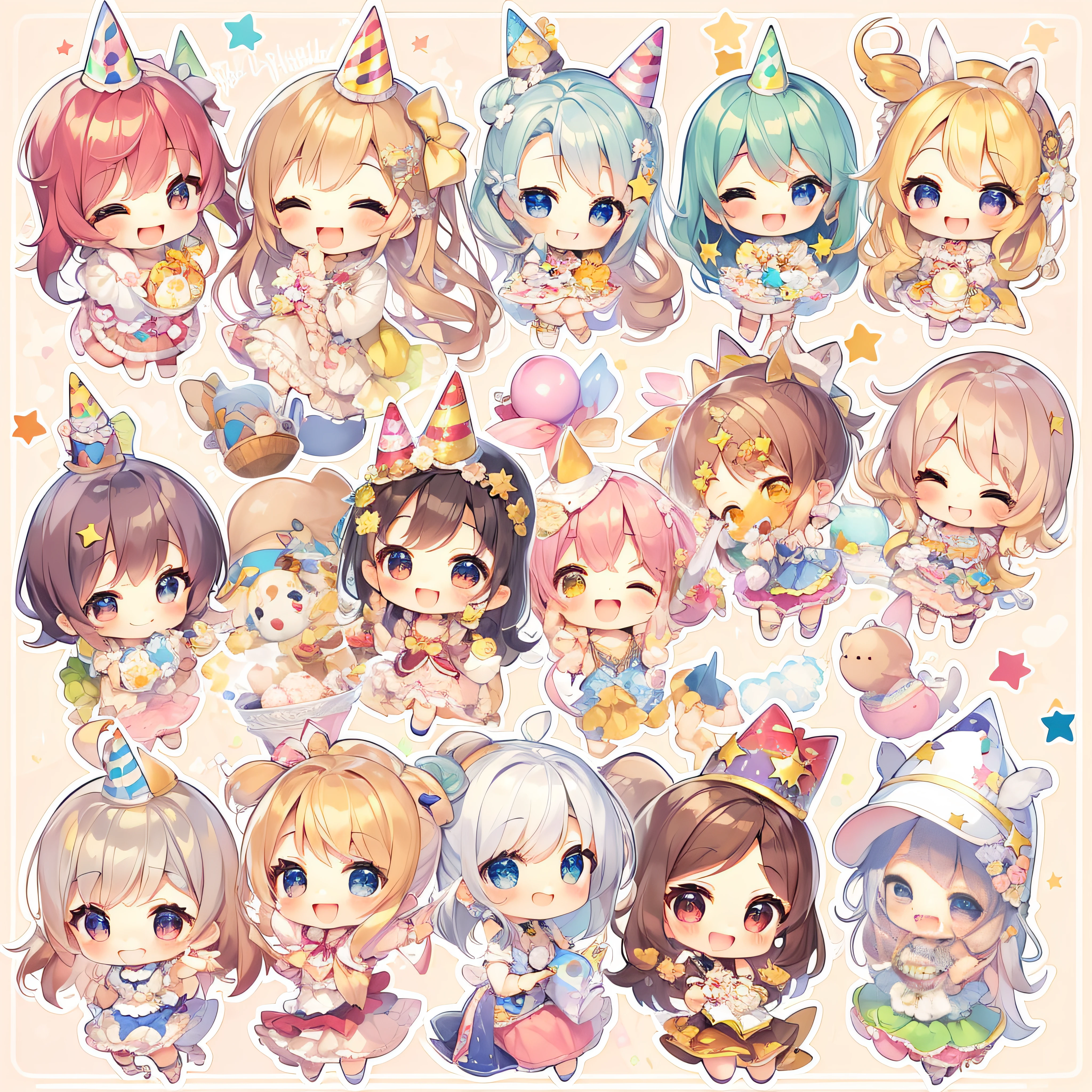 Feiern Sie Ihren Geburtstag mit lächelnden Freunden、Das schönste Lächeln、Funkelnde Augen、erraten 、Auge、Sternaugen、aufregendes Lächeln、Kawaii、Süßer Chibi、Meisterwerk