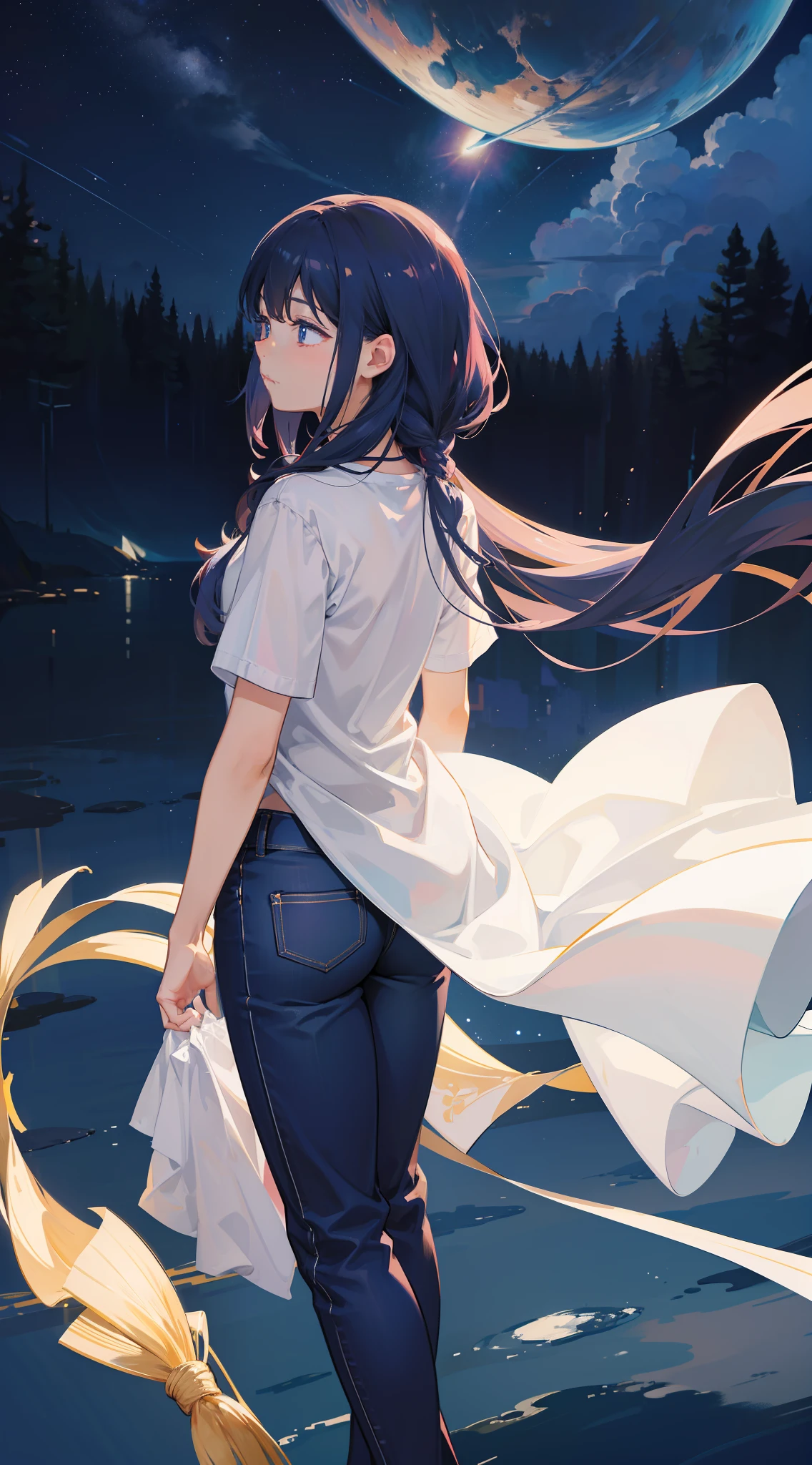 Become a woman。magical little girl。Wearing a white T-shirt and dark blue pants。Wishing for a starry sky。Hope for space。It is an anime-style illustration。Beautiful with the best image quality