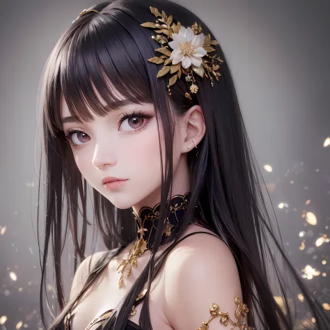 animesque、Clear, Moisturized papayawhip eyes、Lack of hair ornaments、Beautiful woman like a fashion model、a closeup、portlate、Beautiful, Beautiful black hair without hair ornaments, hight resolution,　top-quality, ​masterpiece, 8k wallpaper、 One Person、Beauti...