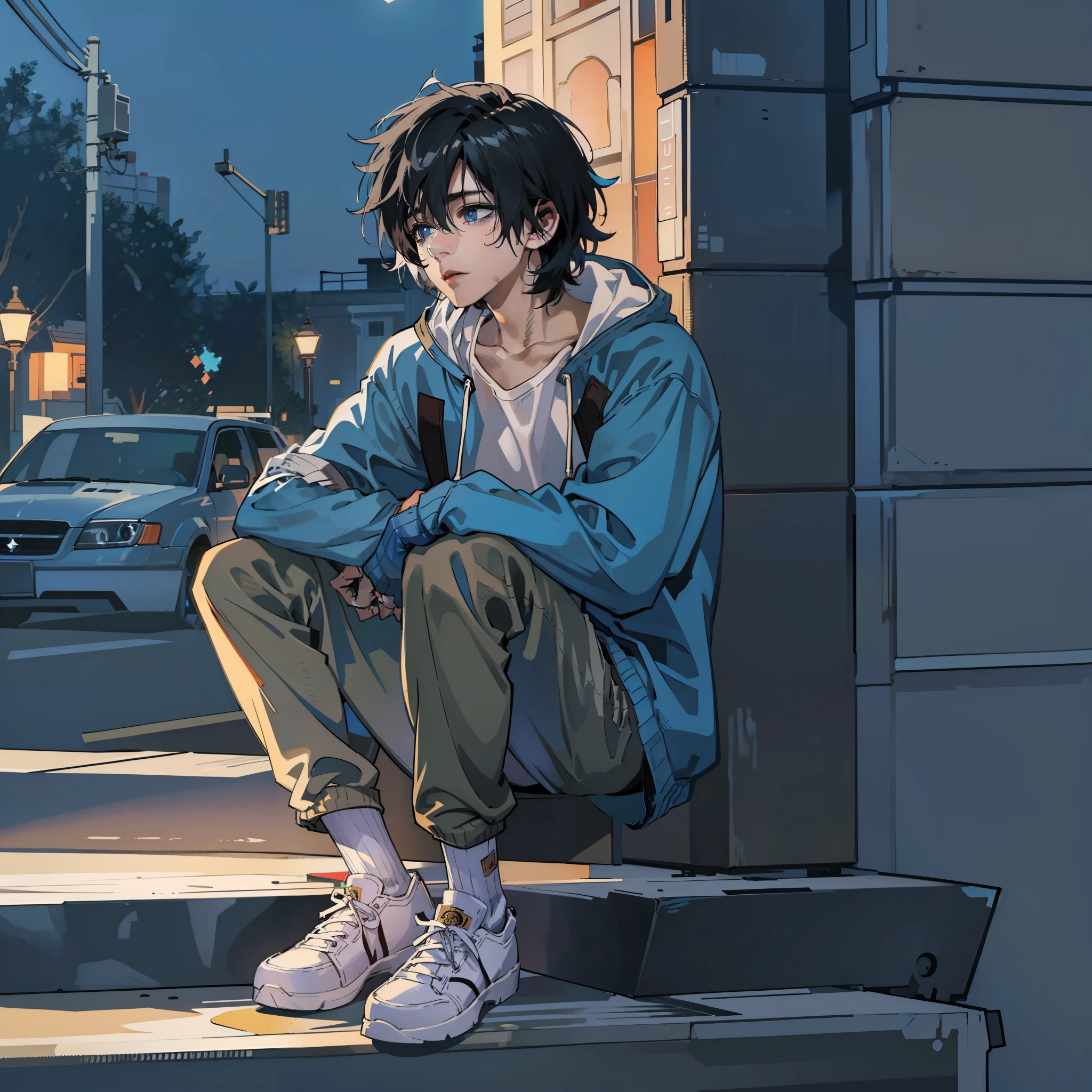 a sketch of an anime boy, black wavy hair, blue eyes, printed graphic sweater over white t-shirt, beige shirt, knee high socks, sneakers, boy sitting on a curb, nighttime, soft and warm lighting, aesthetic vibe, ((1boy)), ((solo, one guy, solo photo, alone)), dark lighting