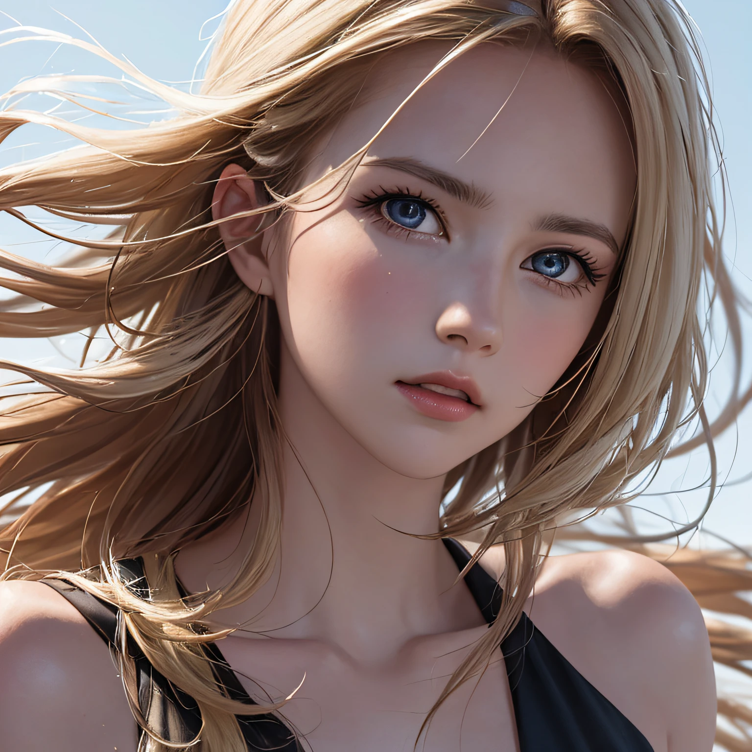 (8K, RAW Photos, of the highest quality, Masterpieces: 1.2), (Realistic, Photorealistic: 1.37), Highest Quality, Ultra High Resolution, light  leaks, Dynamic lighting, Slim and smooth skin, (Full body:1.3), (Soft Saturation: 1.6), (Fair skin: 1.2), (Glossy skin: 1.1), Oiled skin, 22 years old, Night, shiny white blonde, Well-formed, Hair fluttering in the wind, Close-up shot of face only, Physically Based Rendering, From multiple angles