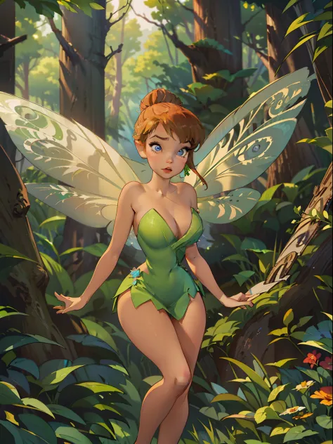 tinkerbell, adult, fairy wings, standing, posing, body bending forward, simple short dress, thong, sensual, hot, full-body-shot, detailed face, beautiful face, beautiful eyes, cute nose, big breasts, thick thighs, wide hips, looking at camera, in a forest,...