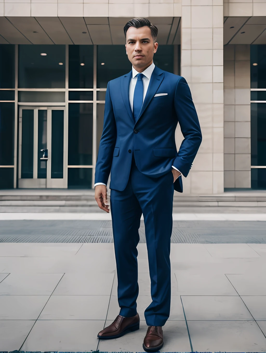 tmasterpiece, High-quality photo of a man in a suit and tie, standing in front of the building, photo by James Baines,High facial detail, A detailed eye, An open look, close - up, Popular on Pexels, A new objectivity, Stock Photo, The Sabatier Effect.