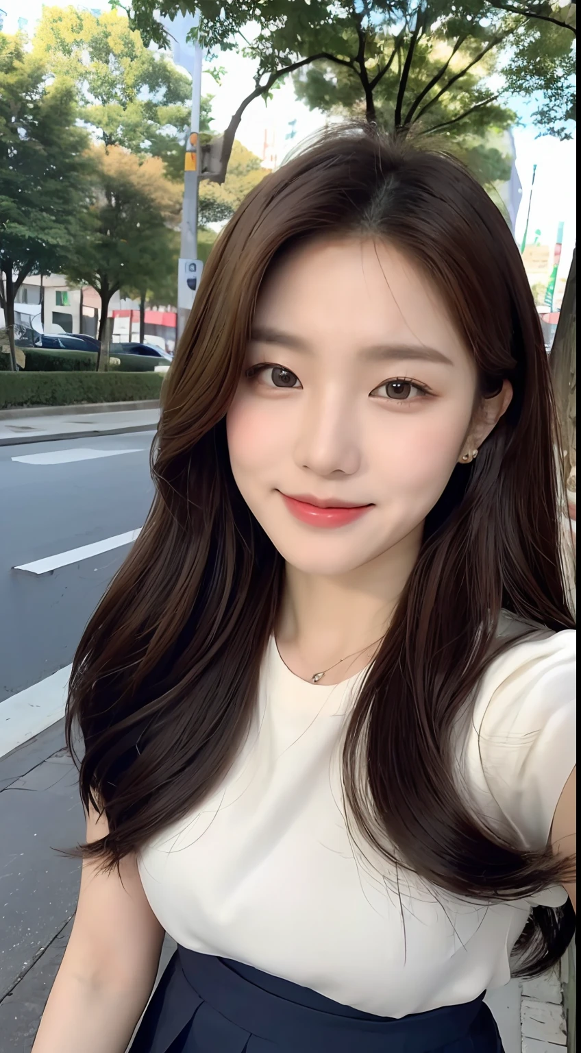 (1 Korean star with royal sister style), ((best quality, 8k, masterpiece: 1.3)), focus: 1.2, perfect body beauty: 1.4 , (smile), (Street: 1.3), highly detailed face and skin texture, fine eyes, double eyelids, whitening skin, (big wave hairstyle: 1.3), (round face: 1.5), (straight skirt: 1.4),