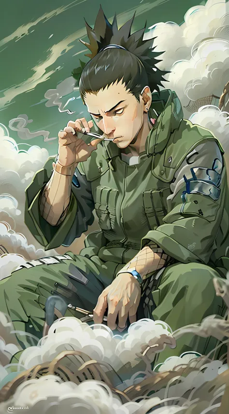 1garoto shikamaru deitado em um gramado suave, fumando um cigarro e observando as nuvens.