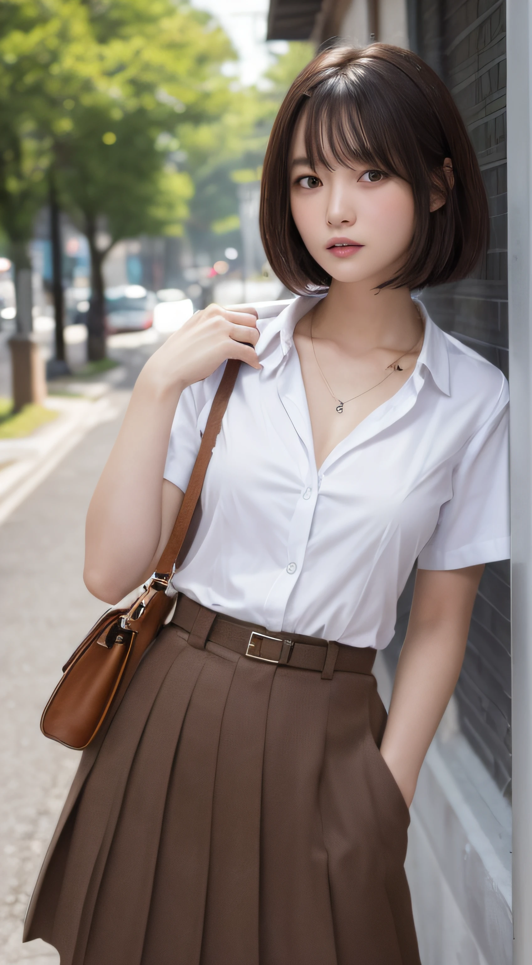 ((top-quality、8K、​masterpiece：1.3))、sixteen years old、student clothes、校服、Short pleated skirt、short-hair、Crisp focus：1.2、Beautiful Women in Perfect Style：1.4、Slender Abs：1.2、((dark brown hair、Colossal tits：1.2))、(White button-up long shirt:1.1)、Street:1.2、Highly detailed facial and skin texture、A detailed eye、二重まぶた、full bodyesbian