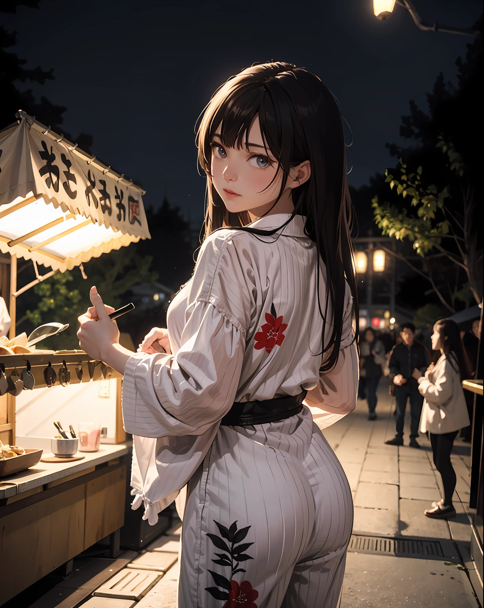 masterpiece, best quality, ultra-detailed, illustration, omatsuri, food stand, 1girl, beautiful eyes, looking at viewer, from behind, cowboy shot, looking back, yukata, tree, outdoors,road, walking,  crowd, night, lantern, festival, food, pavement, crosswalk, paper lantern, lamppost, brown hair, night sky,