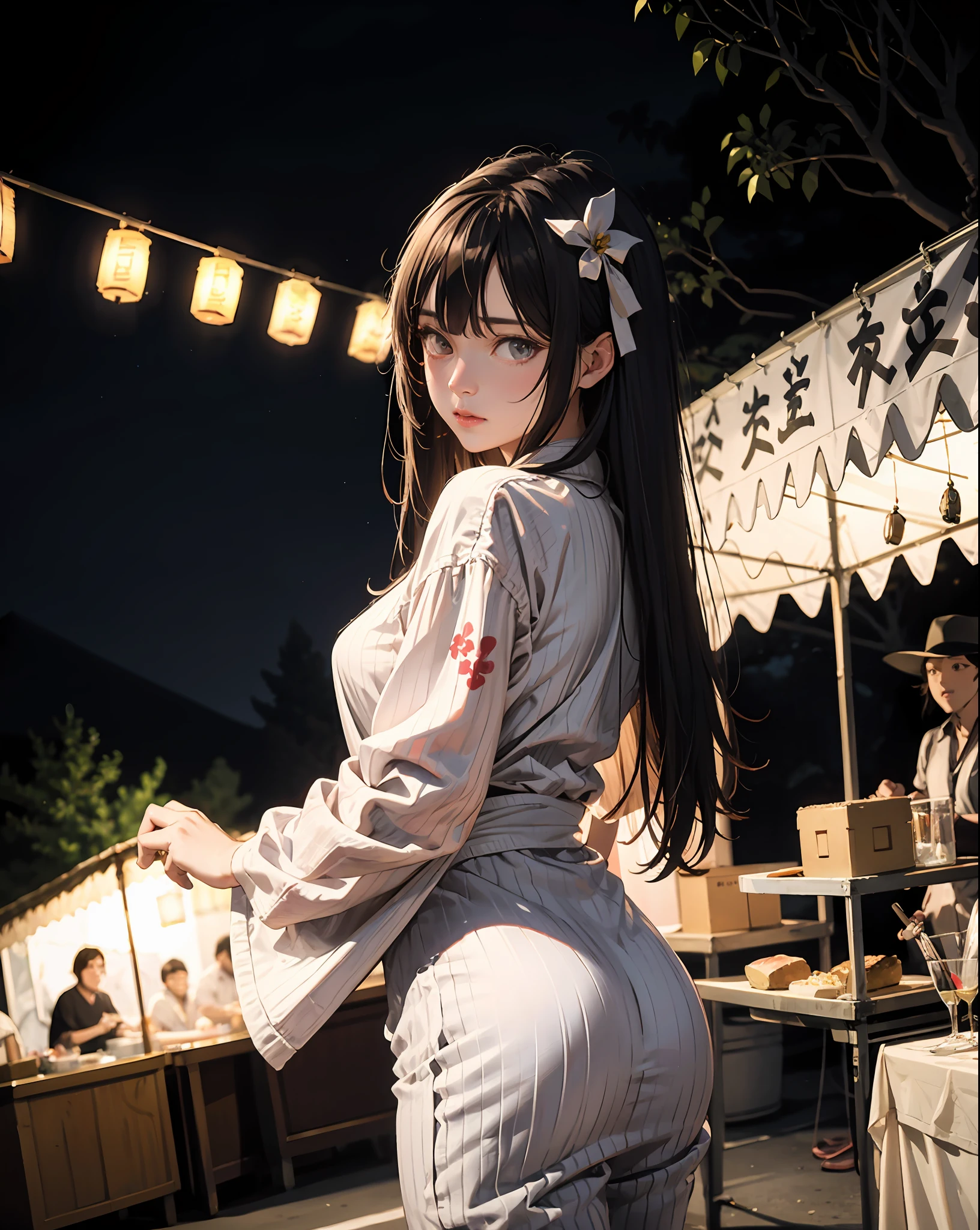 masterpiece, best quality, ultra-detailed, illustration, omatsuri, food stand, 1girl, beautiful eyes, looking at viewer, from behind, cowboy shot, looking back, yukata, tree, outdoors,road, walking,  crowd, night, lantern, festival, food, pavement, crosswalk, paper lantern, lamppost, brown hair, night sky,