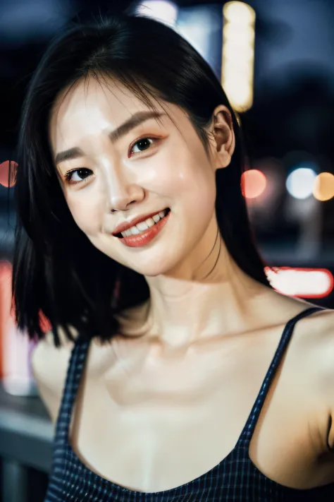 1girl, idol, model, depth of field, photo, film, face, skinny, smile, collarbone,  teeth, movie, camisole, selfie, night,