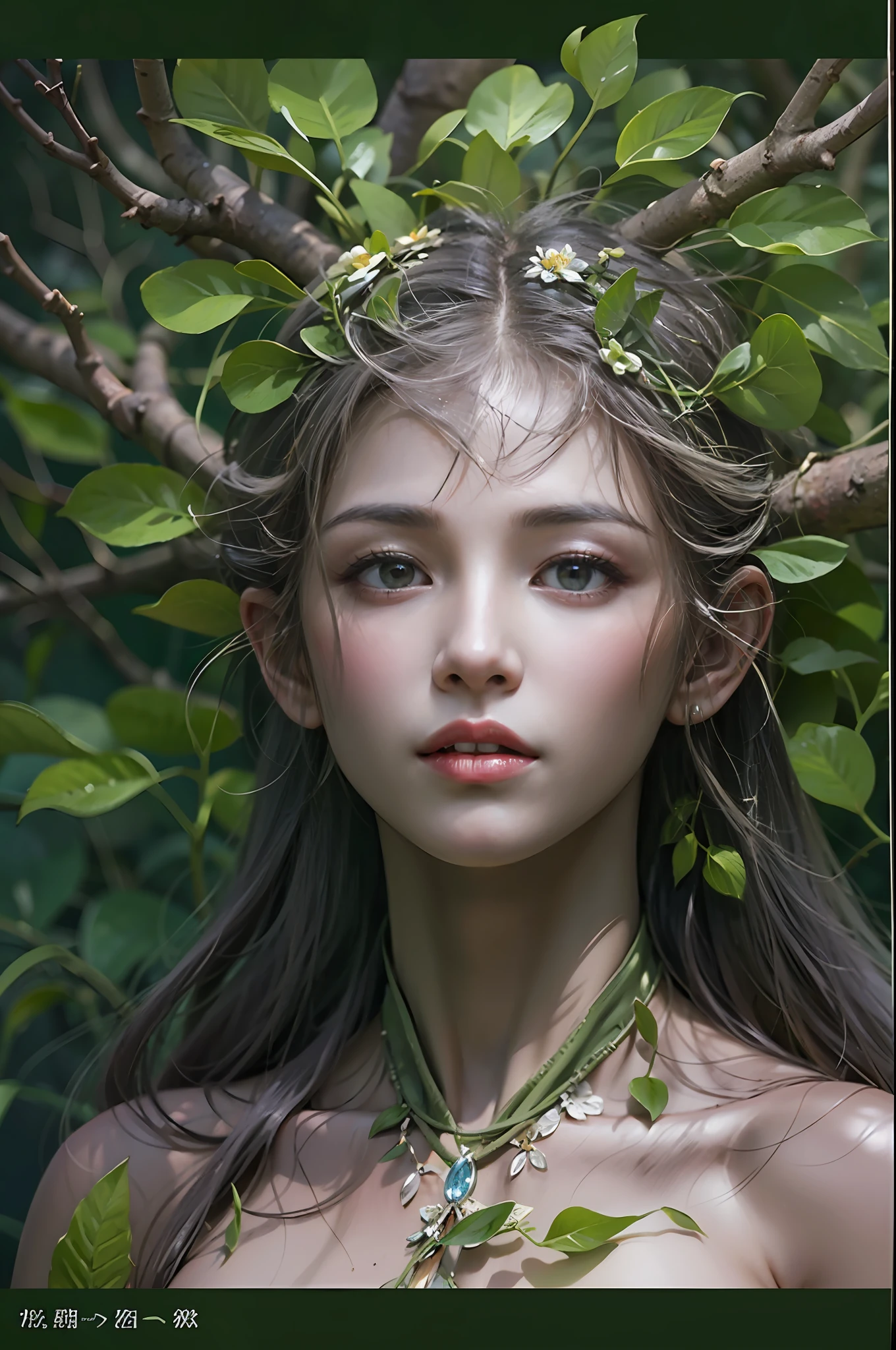 ​masterpiece, top-quality, 1 dryad、Slim body、small tits、exceptionally detailed anatomy, Leaf clothes、large leaves on the head,,,,,、lovely, emotive, Charming, Bewitching、Giant trees、Branch corridor、World Tree、Fantastical、Slim body、small tits、beautiful countenance、Tree Spirit、In the deep forest、Nymphs、myth 、PsyAI、Dynamic angles